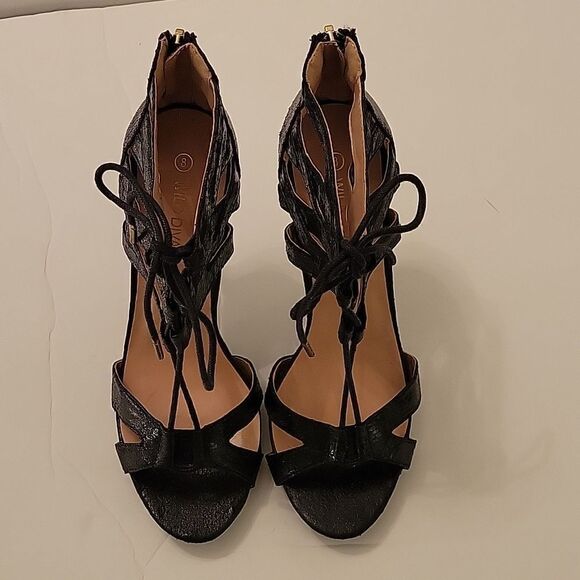 WILD DIVA LOUNGS GIVE ME  FEVER BLACK SNAKESKIN LACE-UP HEELS SANDAL - Picture 3 of 13